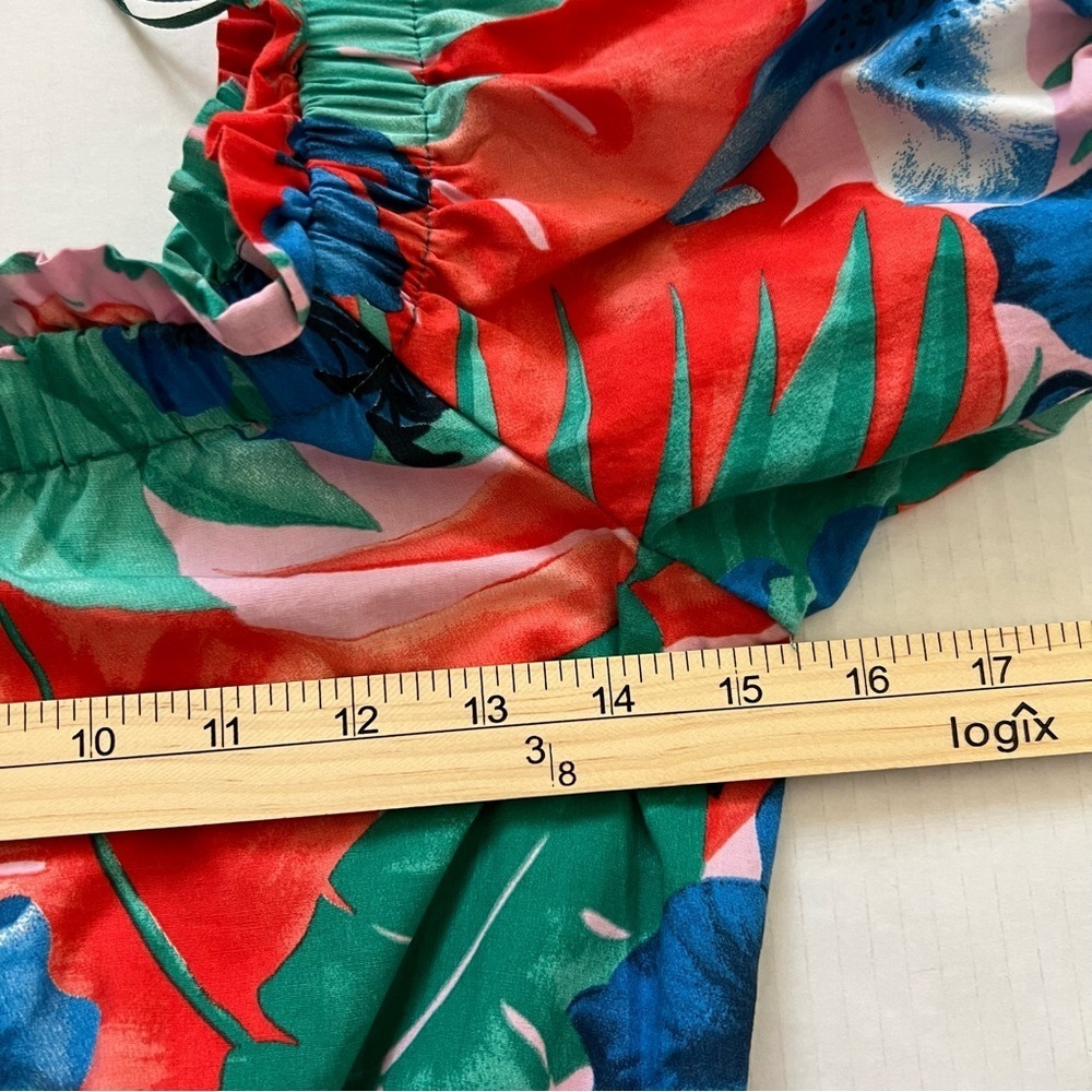 Zara Tropical Floral Off Shoulder Midi Dress S Pockets Puff Sleeve Resort Summer - Picture 16 of 16